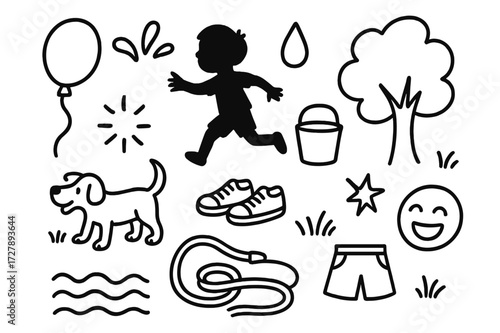 Playful Outdoor Doodle. Hand-drawn doodle illustration Outdoor play day balloon, splash, droplet, child silhouette, tree, bucket, dog, sneakers, shorts, hose,