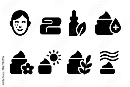 Skincare Icons Grid. Solid, filled icon set of cream balm environment: clean skin, soft towel, natural oils, hydration, relaxation, sun protection, soothing