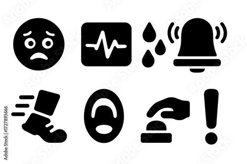 Anxious Panic Icons. Solid, filled icon set of anxious panic: nervous face, heart rate monitor, sweat drops, alarm bell, running feet, open mouth, emergency