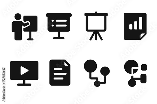 Conference Icon Set. Solid, filled icon set of conference content: presentation, slides, whiteboard, flipchart, report, video, document, infographic. [Solid,