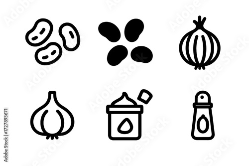 Refried Beans Ingredients Icons. Solid, filled icon set of refried beans ingredients: pinto beans, black beans, onion, garlic, lard, oil, salt, chili powder.