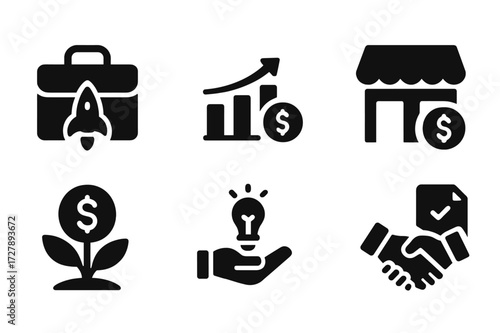 Business Loan Icons. Solid, filled icon set of business loans: startup briefcase, funding chart, investor icon, small business storefront, financial backing,