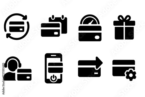 Credit Card Icon Set. Solid, filled icon set of credit card management: billing cycle, payment due, credit limit, rewards program, customer service, card
