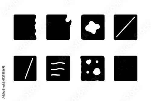 Parchment Icons Set. Solid, filled icon set of parchment textures and damage: torn edge, burnt corner, water stain, crease, fold mark, faded ink, holes, rough