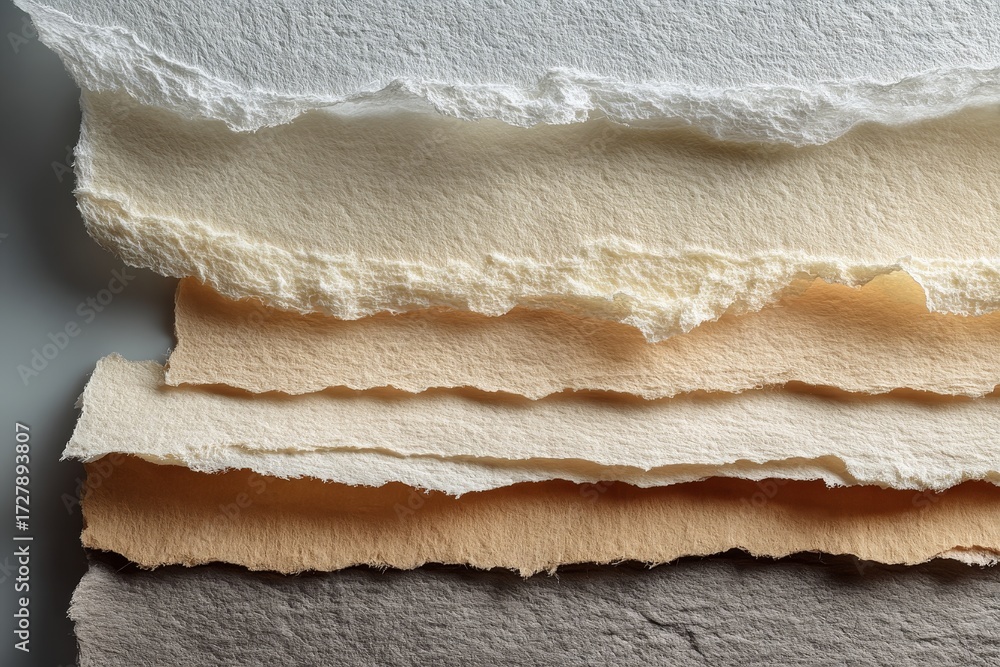 Obraz premium A close-up view of textured, layered sheets of handmade paper in varying shades of cream, beige, and brown, showcasing the unique papermaking process.