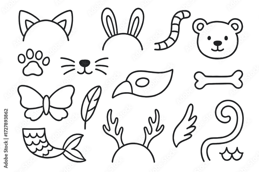 Fototapeta premium Animal Costume Doodles. Hand-drawn doodle illustration Animal costume guests [cat ears, bunny ears, tiger tail, paw print, whiskers, nose, bear face, butterfly