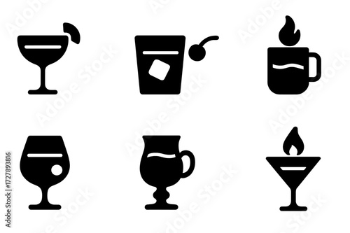Brandy Cocktails Icons. Solid, filled icon set of brandy cocktails: sidecar, brandy old fashioned, brandy Alexander, hot toddy, brandy sour, coffee brandy,