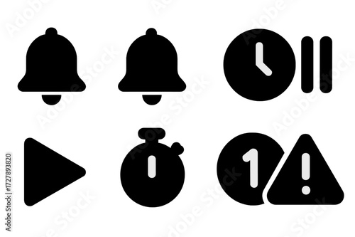 Minimalist Interval Icons. Solid, filled icon set of interval alerts: alarm bell, notification, timer, pause icon, play icon, stopwatch, countdown, alert