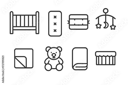 Crib Essentials Icons. Outline icon set of crib essentials: baby crib, crib mattress, crib bumper, mobile, blanket, stuffed animal, crib sheet, teething rail.