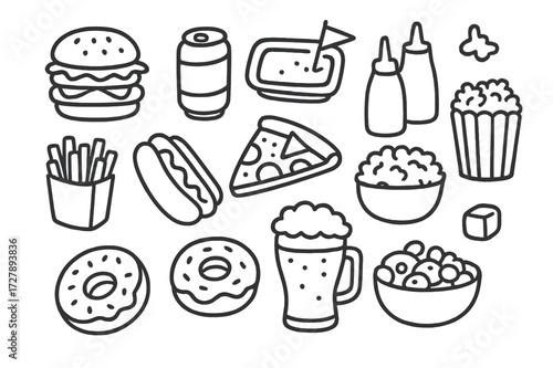 Game Day Snacks. Hand-drawn doodle illustration [Game day snacks and drinks] [burger, soda can, nachos, hot dog, fries, pizza slice, ketchup bottle, mustard,