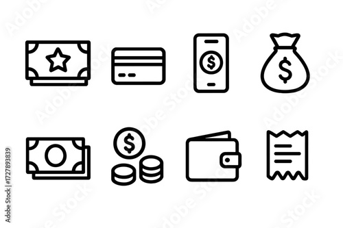 Lottery Payment Icons. Outline icon set of lottery payments: cash, credit card, mobile payment, money bag, banknotes, coins, wallet, receipt. Line icons in