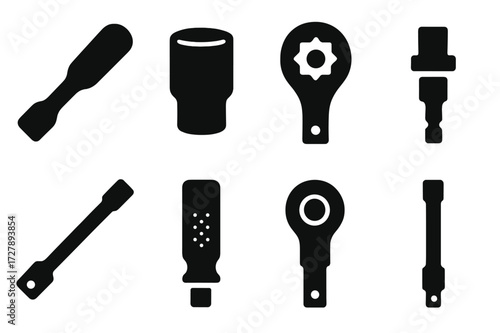 Tool Icon Set. Solid, filled icon set of tuning key parts: handle, socket, ratchet mechanism, magnetic tip, extension arm, grip, rotating head, key shaft.