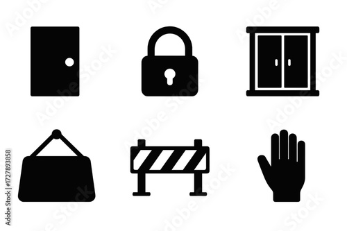 Closed Signs Icon Set. Solid, filled icon set of closed signs and symbols: closed door, locked padlock, no entry sign, shuttered window, closed business sign,