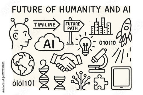 Future of Humanity. Hand-drawn doodle illustration Future of Humanity and AI human head with antenna, timeline arrow, earth, AI cloud, future path sign,