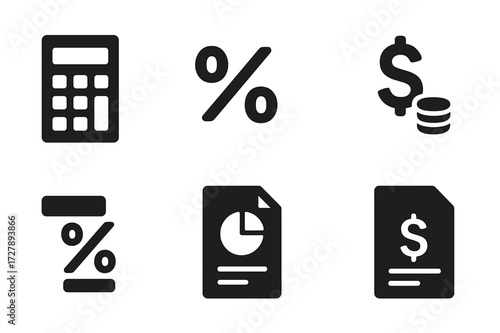 Dividend Calculation Icons. Solid, filled icon set of dividend calculation: calculator, percentage sign, profit margin, earnings per share, payout ratio,