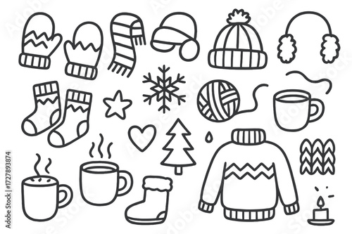 Cozy Winter Doodles. Hand-drawn doodle illustration Cozy winter accessories [mittens, scarf, hat, earmuffs, wool socks, snowflake, yarn ball, hot cocoa mug,