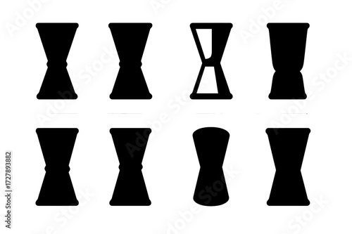 Jigger Icon Set. Solid, filled icon set of jigger materials: stainless steel, copper, glass, plastic, aluminum, brass, silicone, ceramic. Solid, filled icons