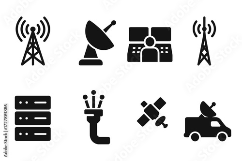 TV Network Infrastructure Icons. Solid, filled icon set of TV network infrastructure: broadcast tower, satellite dish, control room, transmission antenna,