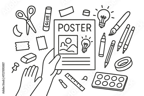 Crafting Tools Doodle. Hand-drawn doodle illustration Poster-making scene [scissors, glue stick, ruler, pencil, markers, paintbrush, poster board, sketch,