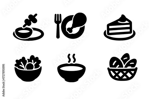 Dinner Course Icons. Solid, filled icon set of dinner course types: appetizer, main course, side dish, dessert, salad, soup, cheese plate, bread basket. Line