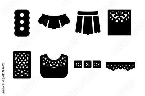 Lace Garment Icon Set. Solid, filled icon set of lace garment details: lace buttonhole, lace ruffle, lace pleat, lace overlay, lace panel, lace yoke, lace