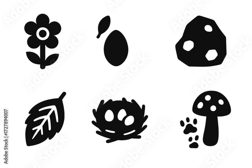 Nature Icon Collection. Solid, filled icon set of found nature elements: rare flower, lost seed, fossil, unusual rock, fallen leaf, bird?s nest, animal tracks,