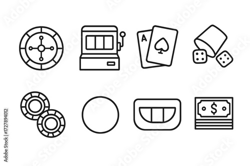 Casino Gaming Icons. Outline icon set of casino floor gaming: roulette wheel, slot machine, blackjack cards, dice cup, poker chips, dealer button, betting