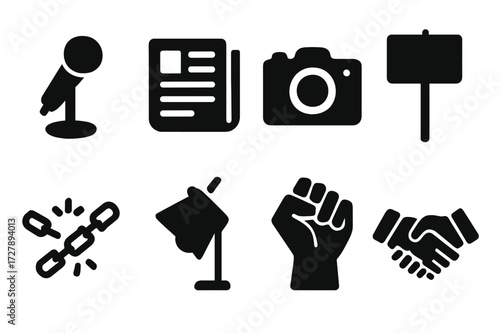 Press Freedom Icons. Solid, filled icon set of press freedom: open microphone, newspaper, camera, protest sign, broken chains, spotlight, raised