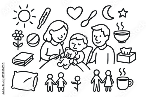 Family Care Doodles. Hand-drawn doodle illustration Parents caring for child teddy bear, blanket, heart, thermometer, spoon, soup bowl, tissue box, book,