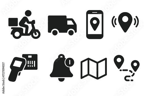 Courier Tracking Icons. Solid, filled icon set of courier tracking: motorbike courier, delivery truck, tracking app, GPS signal, parcel scan, notification