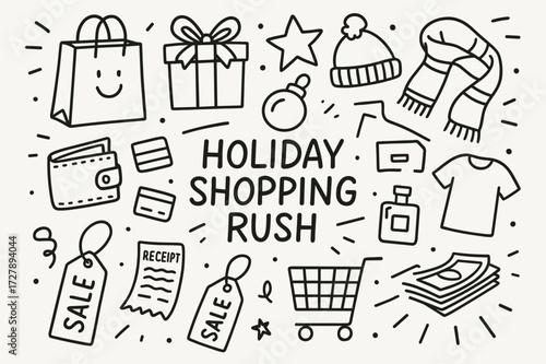 Holiday Shopping Doodle. Hand-drawn doodle illustration Holiday shopping rush [shopping bag, gift box, ribbon, star, ornament, hat, scarf, wallet, credit card,