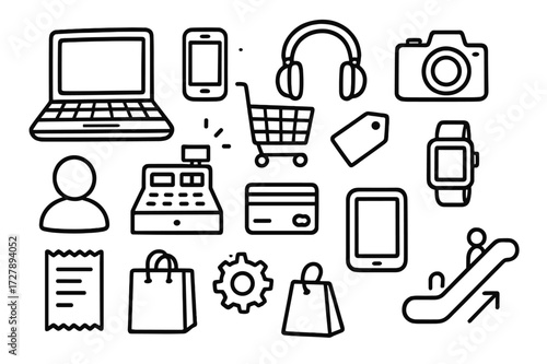 Electronics Shopping Doodles. Hand-drawn doodle illustration Electronics store browsing laptop, smartphone, headphones, camera, shopping cart, price tag, cash