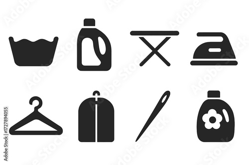 Silk Care Icons Set. Solid, filled icon set of silk care items: washing basin, detergent bottle, ironing board, iron, clothes hanger, garment bag, sewing