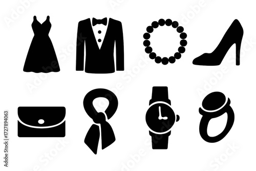Elegant Fashion Icons. Solid, filled icon set of elegance in fashion: evening gown, tuxedo, pearl necklace, stiletto heels, clutch bag, silk scarf, wristwatch,
