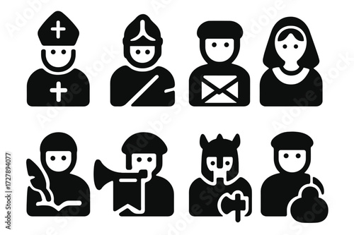Medieval Icons Set. Solid, filled icon set of lord?s advisors and allies: bishop, knight, messenger, noblewoman, scribe, herald, warrior, merchant. Solid,
