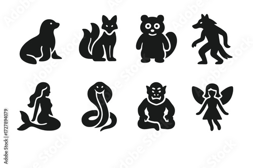 Mythical Shapeshifter Icons. Solid, filled icon set of mythical shapeshifters: selkie, kitsune, tanuki, skinwalker, mermaid, naga, rakshasa, fae spirit. Solid,
