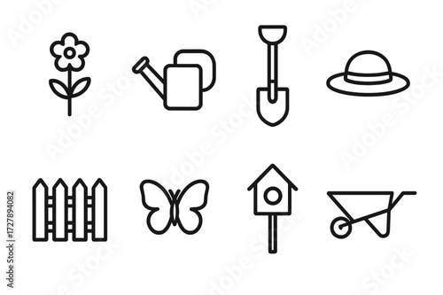 Grandmother's Garden Icons. Outline icon set of grandmother?s garden: flower, watering can, garden shovel, sun hat, fence, butterfly, birdhouse, wheelbarrow.