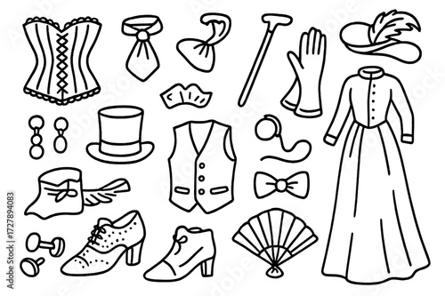 Bourgeois Fashion Icons. Hand-drawn doodle illustration bourgeois fashion corset, cravat, cane, silk gloves, fan, top hat, lace shoes, waistcoat, long dress,