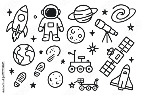 Space Exploration Doodles. Hand-drawn doodle illustration Space travel rocket, astronaut, helmet, planet, telescope, satellite, earth, moon, stars, galaxy,