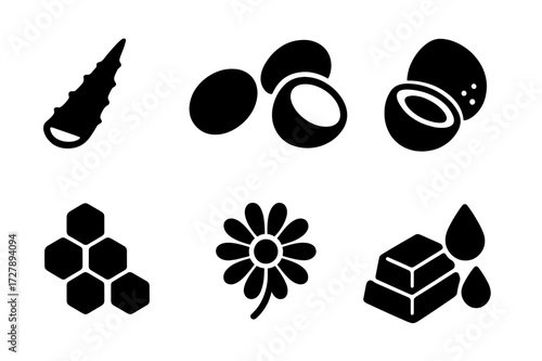 Natural Balm Ingredients Icons. Solid, filled icon set of cream balm natural sources: aloe leaf, shea nuts, coconut, jojoba seeds, honeycomb, chamomile flower,