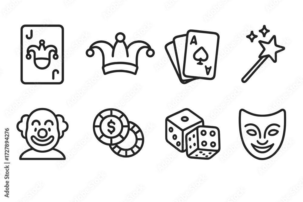 Fototapeta premium Joker Icon Set. Outline icon set of joker theme: joker card, jester hat, playing cards, magic wand, clown face, poker chips, dice, joker mask. Line icons in
