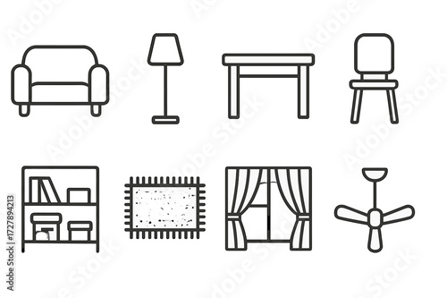 Home Interior Icons. Outline icon set of home interior: sofa, lamp, table, chair, bookshelf, carpet, window curtains, ceiling fan. Line icons in only black