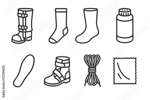 Military Boot Gear. Outline icon set of military boots related gear: gaiters, socks, boot liners, foot powder, insoles, ankle braces, boot laces, cleaning