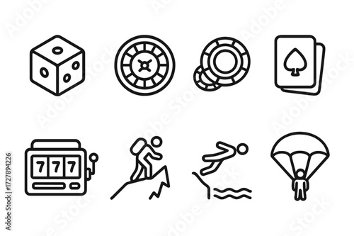 Bold Decisions Icons. Outline icon set of bold decisions: dice, roulette wheel, poker chips, card deck, slot machine, mountain climbing, cliff