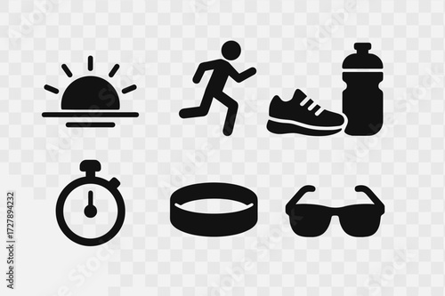 Sunrise Run Essentials Icons. Solid, filled icon set of sunrise run essentials: sunrise, runner, running shoes, water bottle, stopwatch, fitness tracker,