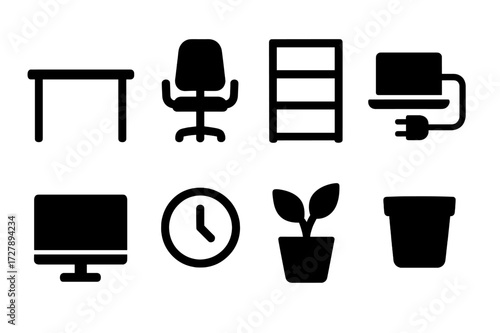 Empty Office Icons. Solid, filled icon set of unused office space: empty desks, vacant chairs, no paperwork, empty shelves, unplugged devices, blank computer