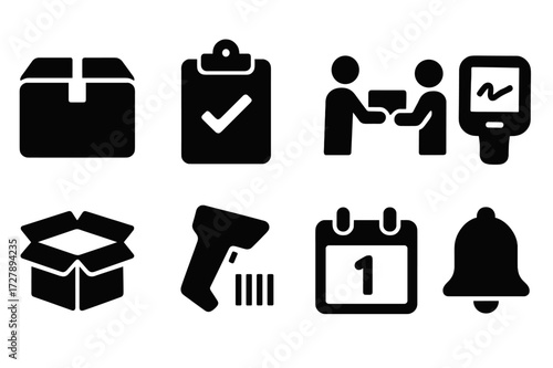Delivery Icons Grid. Solid, filled icon set of package receipt: parcel box, clipboard with checkmark, delivery handoff, signature pad, open box, barcode
