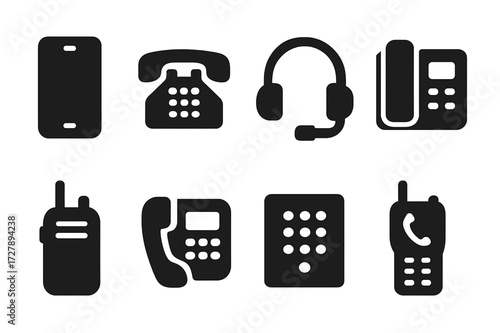 Call Device Icons. Solid, filled icon set of call devices: smartphone, landline phone, headset, VoIP phone, walkie-talkie, call center phone, intercom,