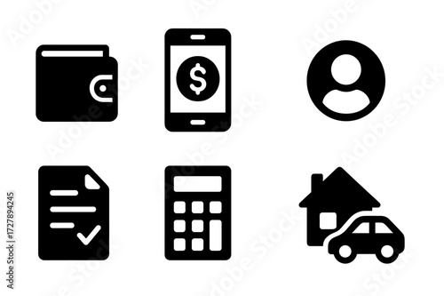 Personal Loan Icon Set. Solid, filled icon set of personal loan request: wallet, smartphone with loan app, profile avatar, dollar coin, document with