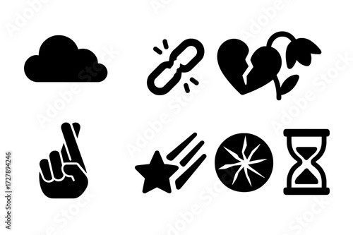 Symbols of Despair. Solid, filled icon set of despair symbols: black cloud, broken chain link, cracked heart, wilted flower, crossed fingers, falling star,